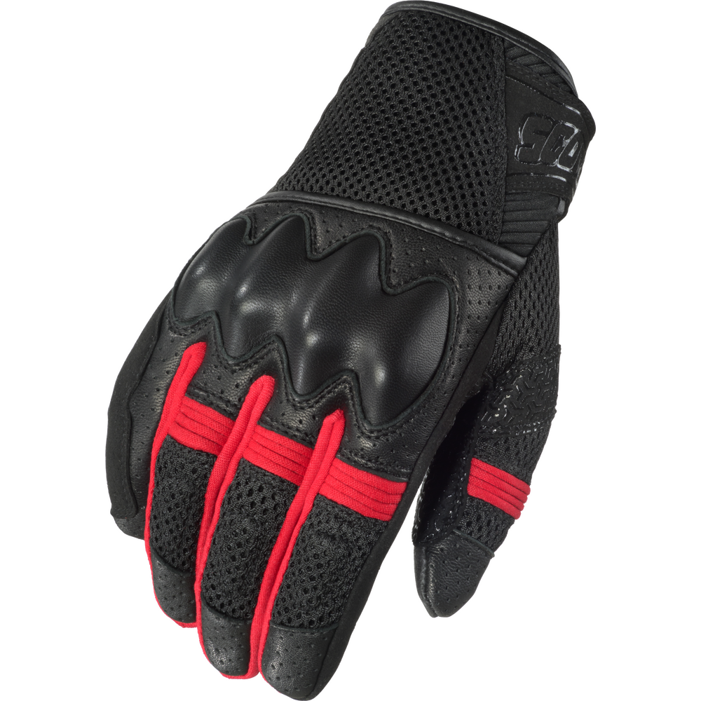 Black motorcycle glove with red accents on a white background