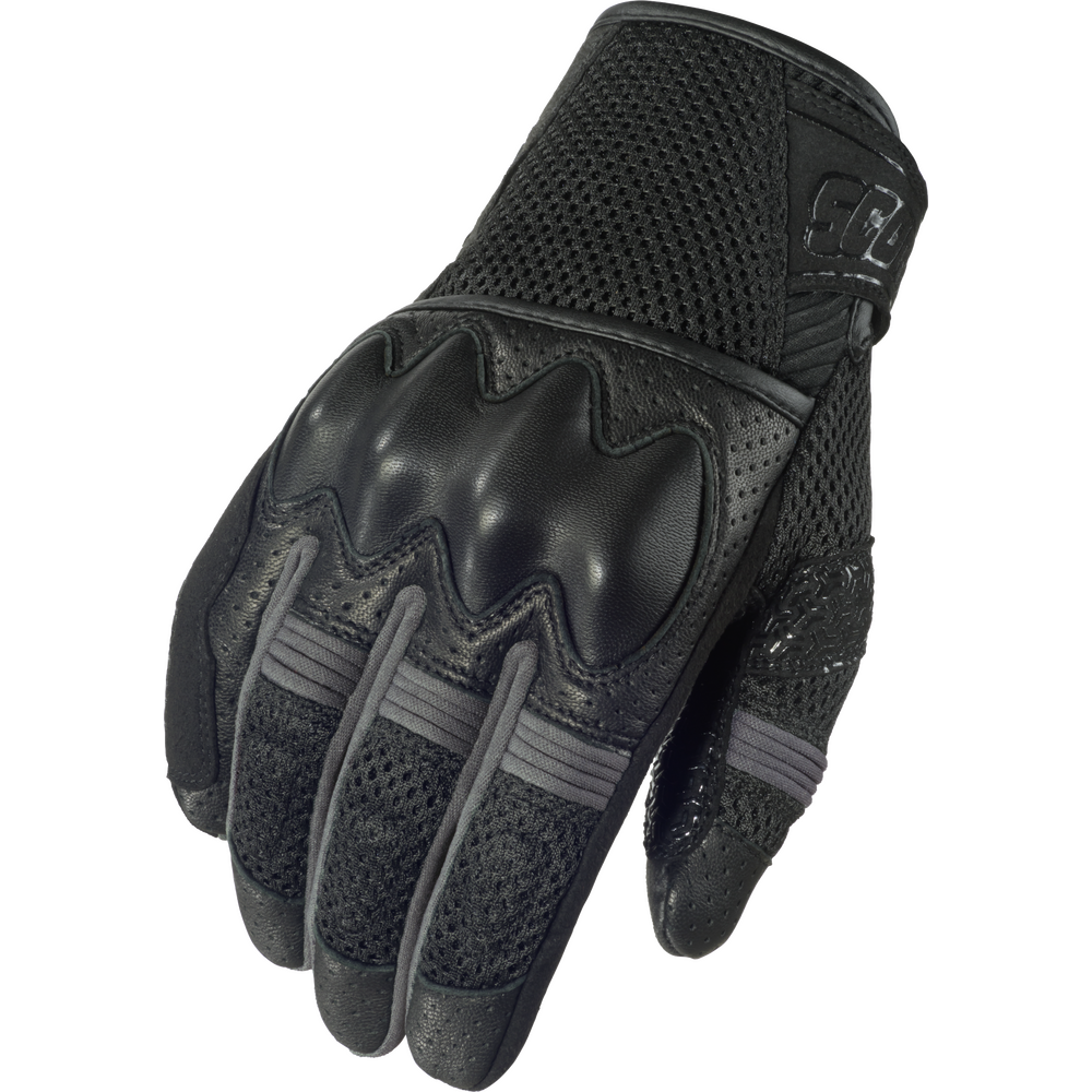 Black tactical glove with text on a white background