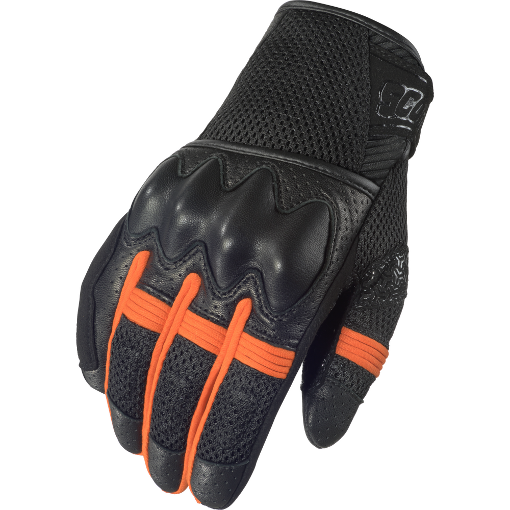 Black motorcycle glove with orange accents on a white background