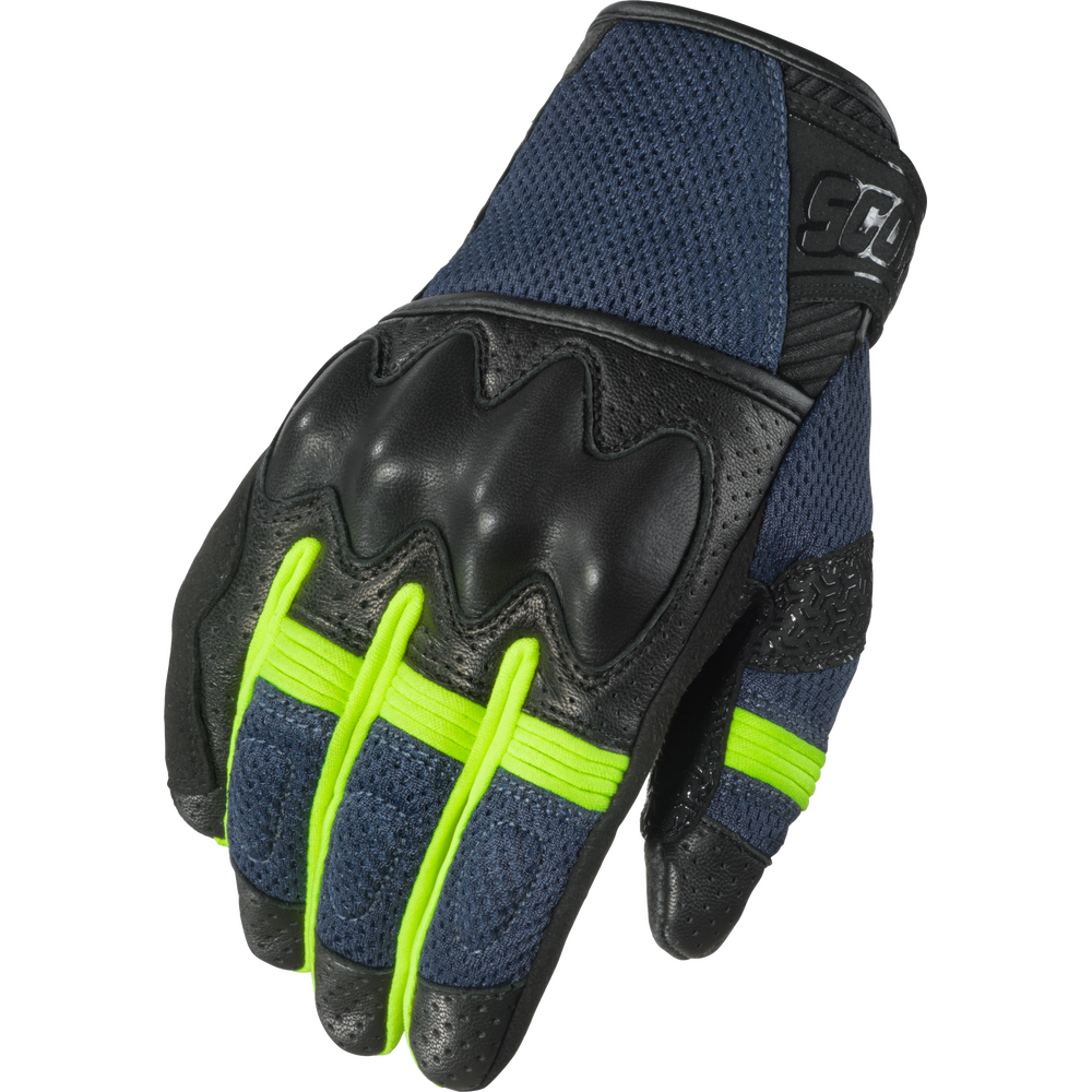 Blue and black glove with green accents on a white background