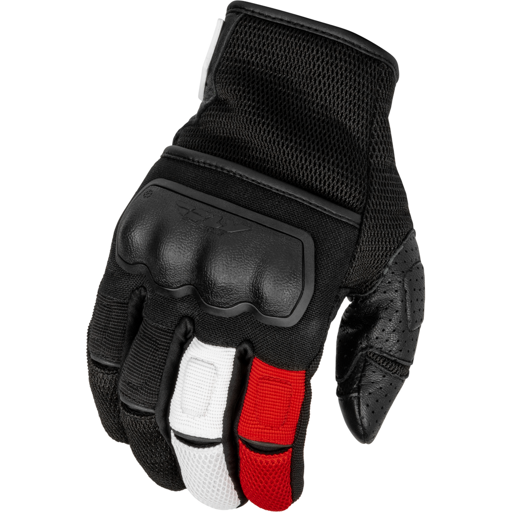 Black motorcycle glove with red accents on a white background