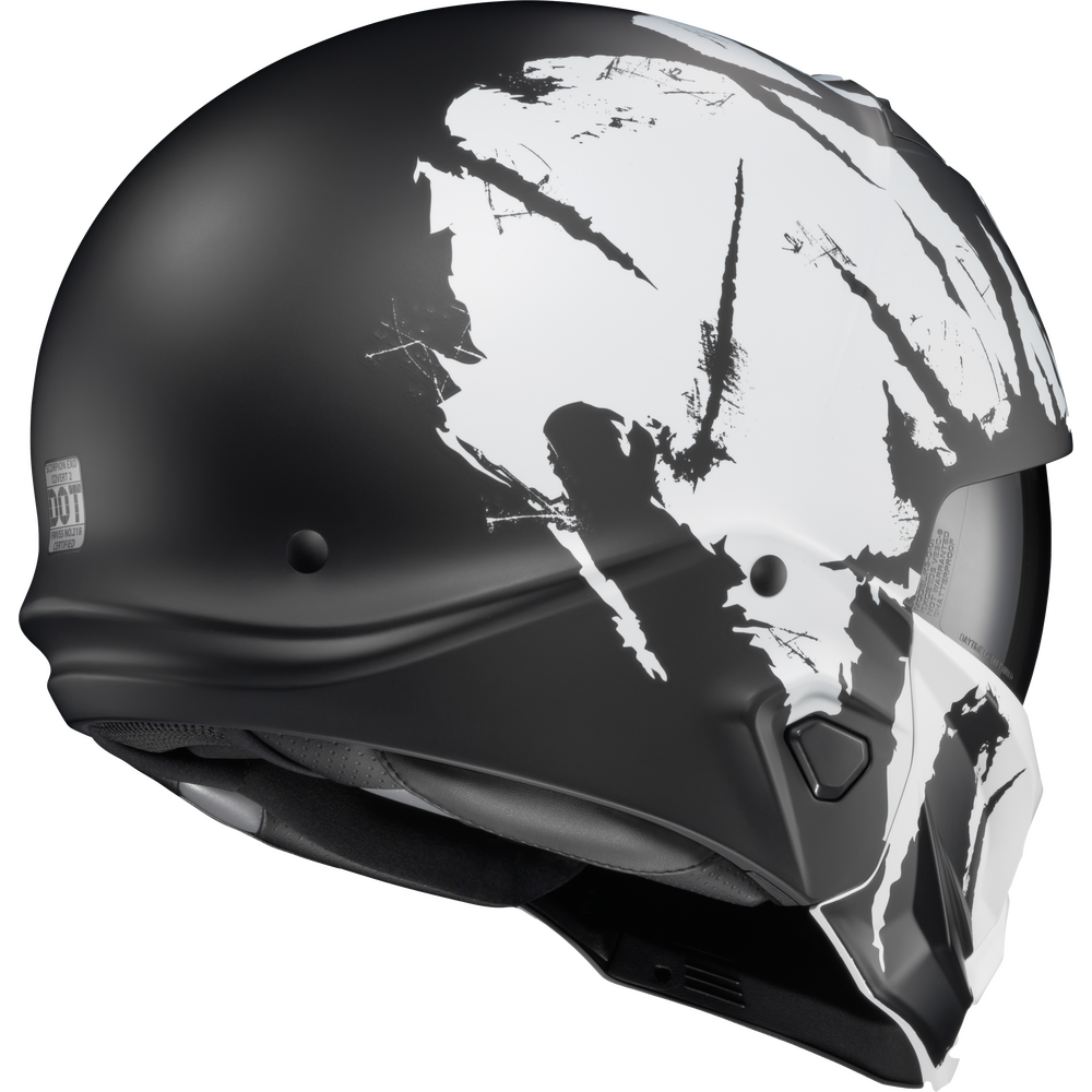 A matte black full-face motorcycle helmet with a large white abstract graphic print on the side, shown in profile against a plain white background.