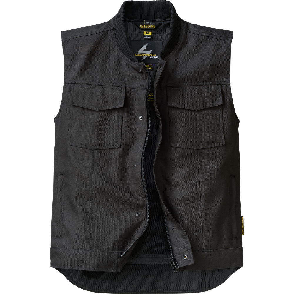 A black utility vest with a stand collar, front zipper, and two chest flap pockets, shown on a plain white background.