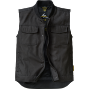 A black utility vest with a stand collar, front zipper, and two chest flap pockets, shown on a plain white background.