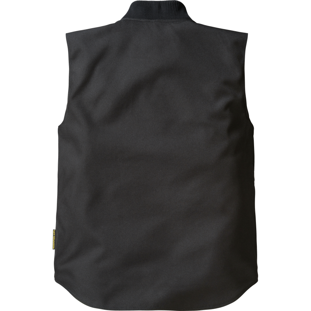 A black utility vest with a stand collar, front zipper, and two chest flap pockets, shown on a plain white background.