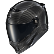 A full-face motorcycle helmet with a glossy black carbon fiber pattern and a dark visor, shown on a plain white background.