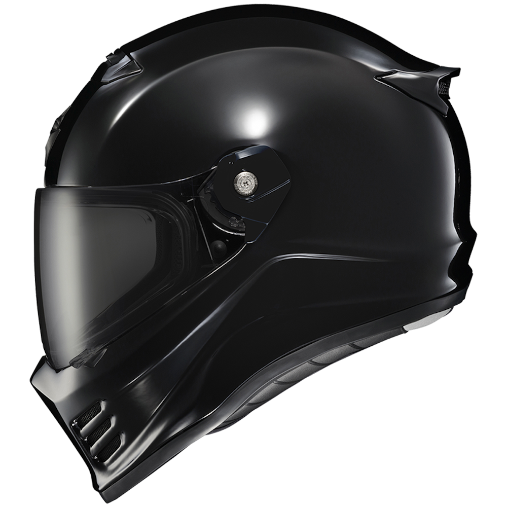 A glossy black full-face motorcycle helmet with a clear visor, shown in a side profile view against a solid white background.