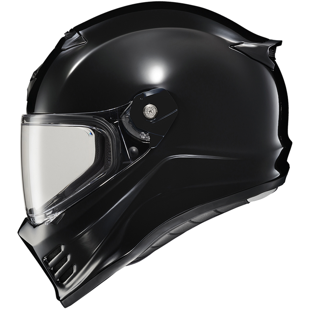 A glossy black full-face motorcycle helmet with a clear visor, shown from a three-quarters angle on a solid white background.