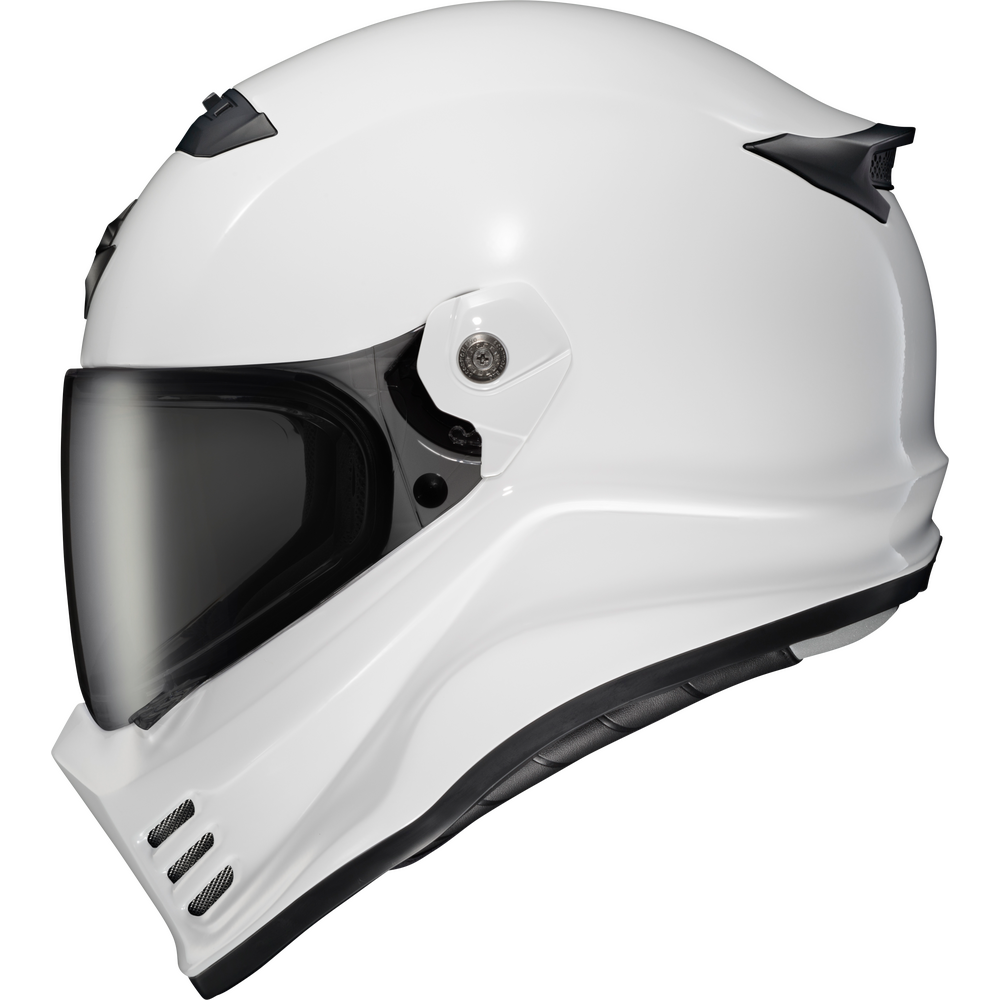 A white full-face motorcycle helmet with a dark tinted visor, shown in a clean side profile on a solid white background.
