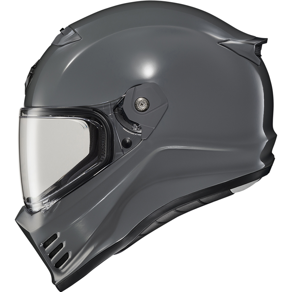 A dark gray full-face motorcycle helmet with a clear visor, shown in a clean side profile on a solid white background.