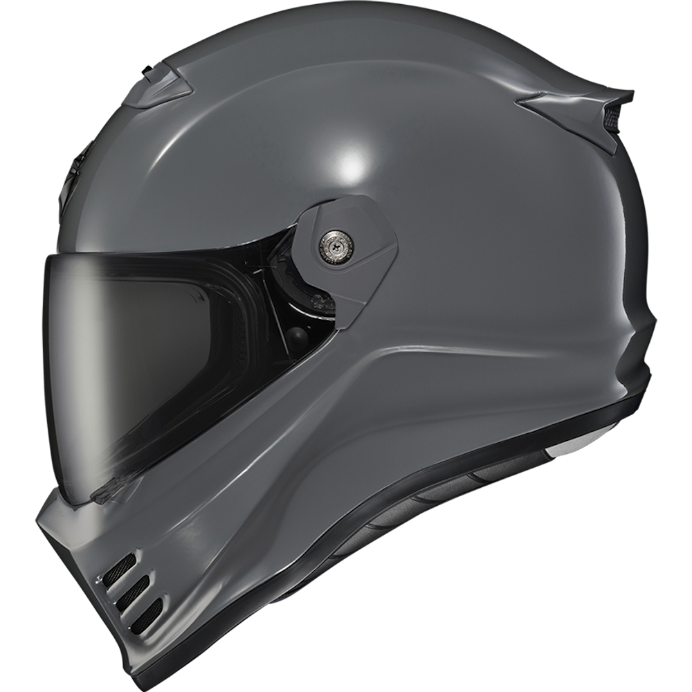 A dark gray full-face motorcycle helmet with a dark visor, shown in a three-quarter side profile against a plain white background.