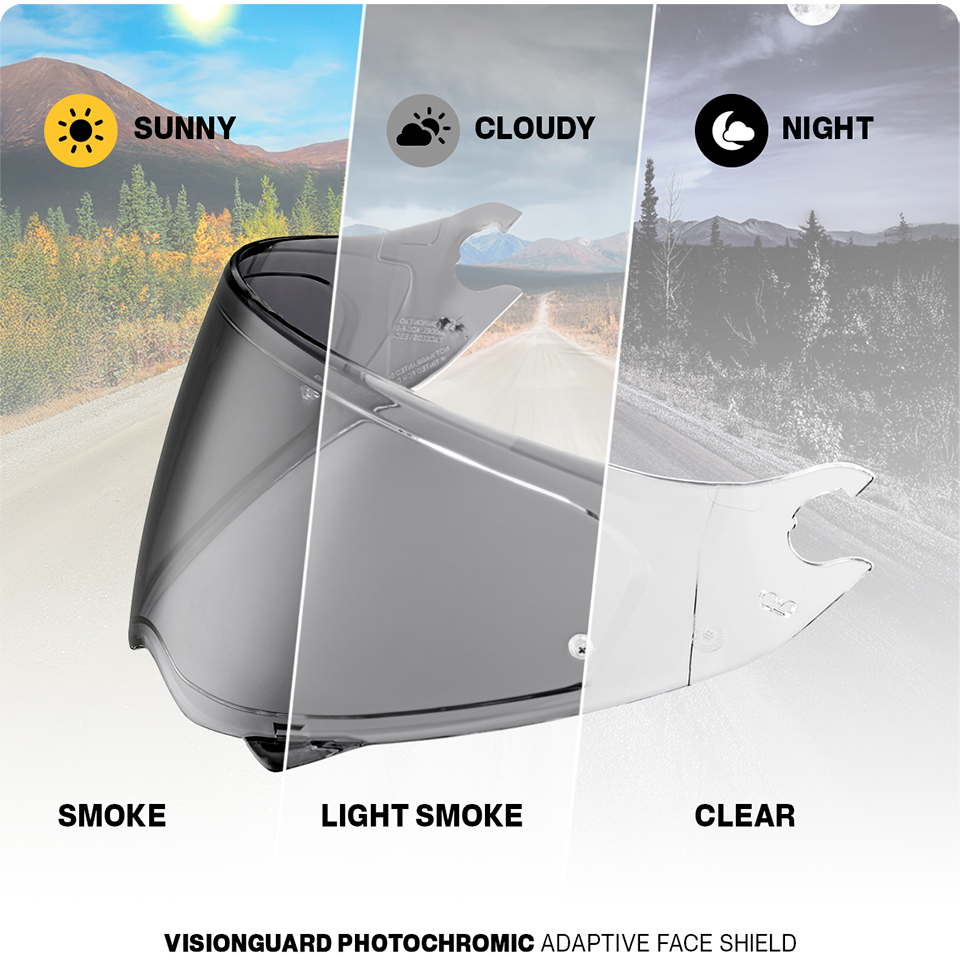 Visionguard photochromic adaptive face shield showing different tint levels for sunny, cloudy, and night conditions.