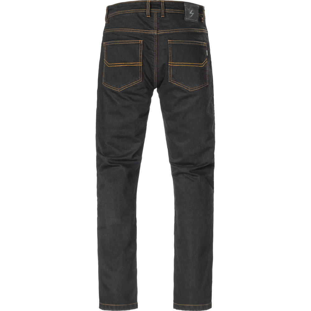 Rear view of dark gray denim jeans with contrasting tan stitching and back pocket details, shown on a plain white background.