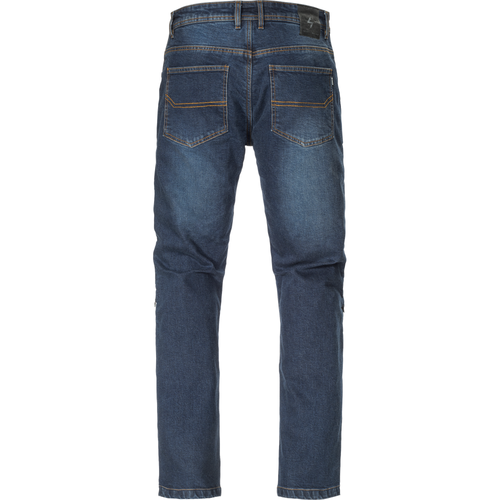 Rear view of a pair of men's slim-fit blue denim jeans with a faded wash, showing the back pockets and belt loops against a plain white background.