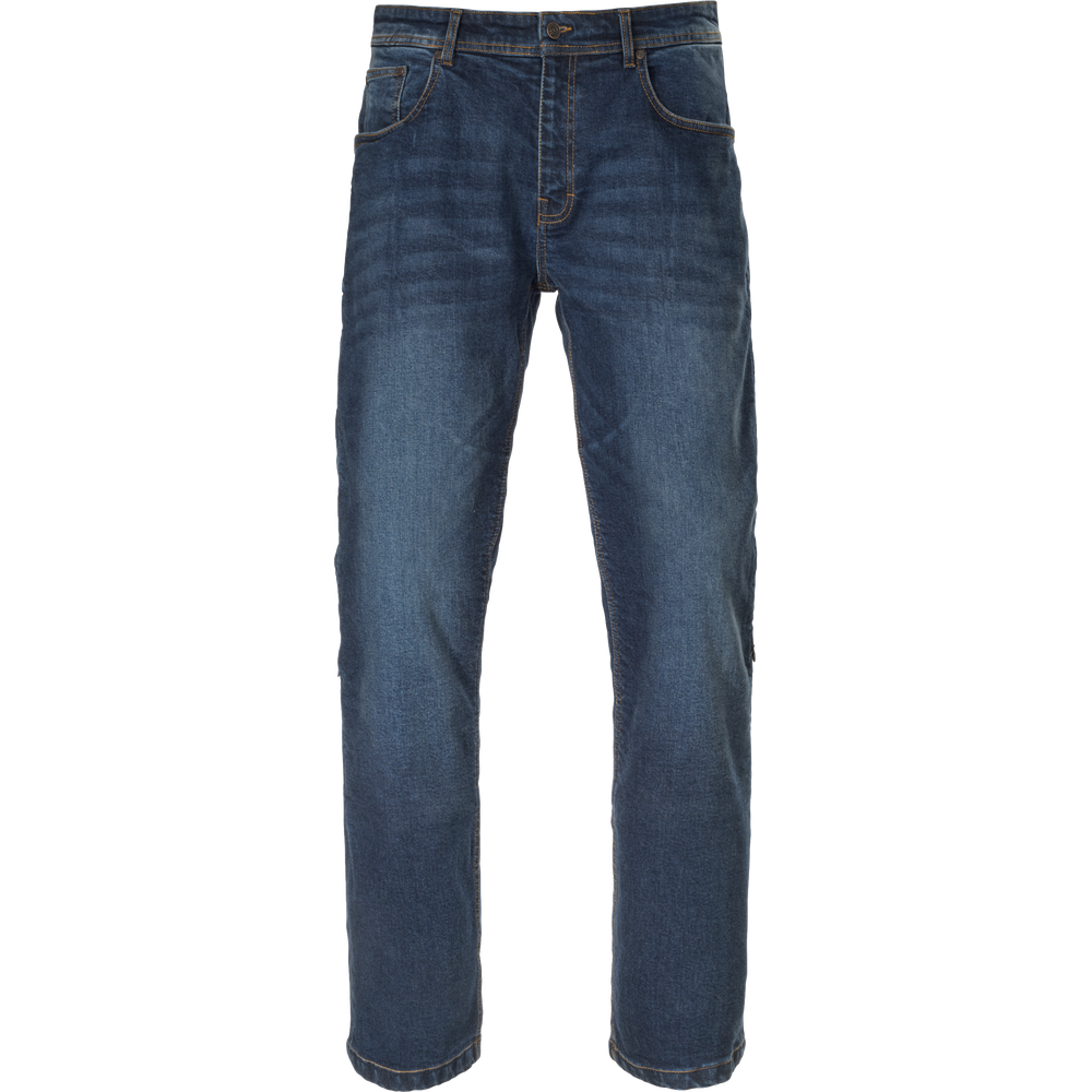A pair of men's straight-leg blue denim jeans shown flat against a solid white background.
