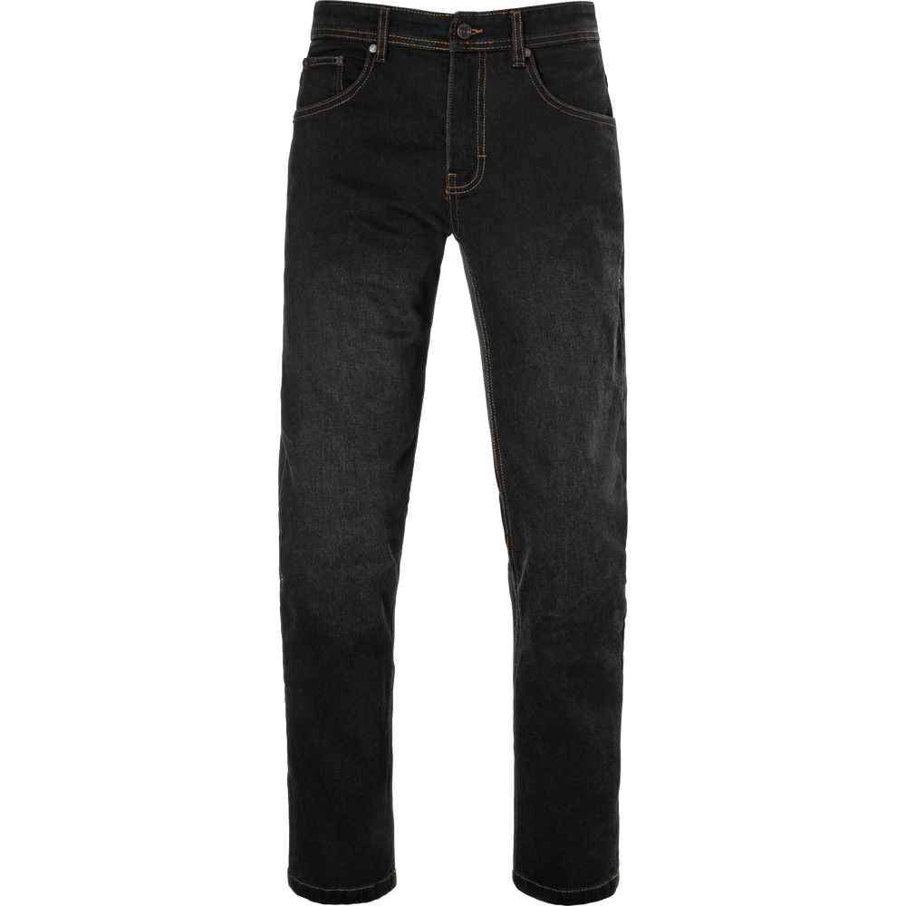 Black denim jeans with contrast tan stitching, shown flat against a plain white background.