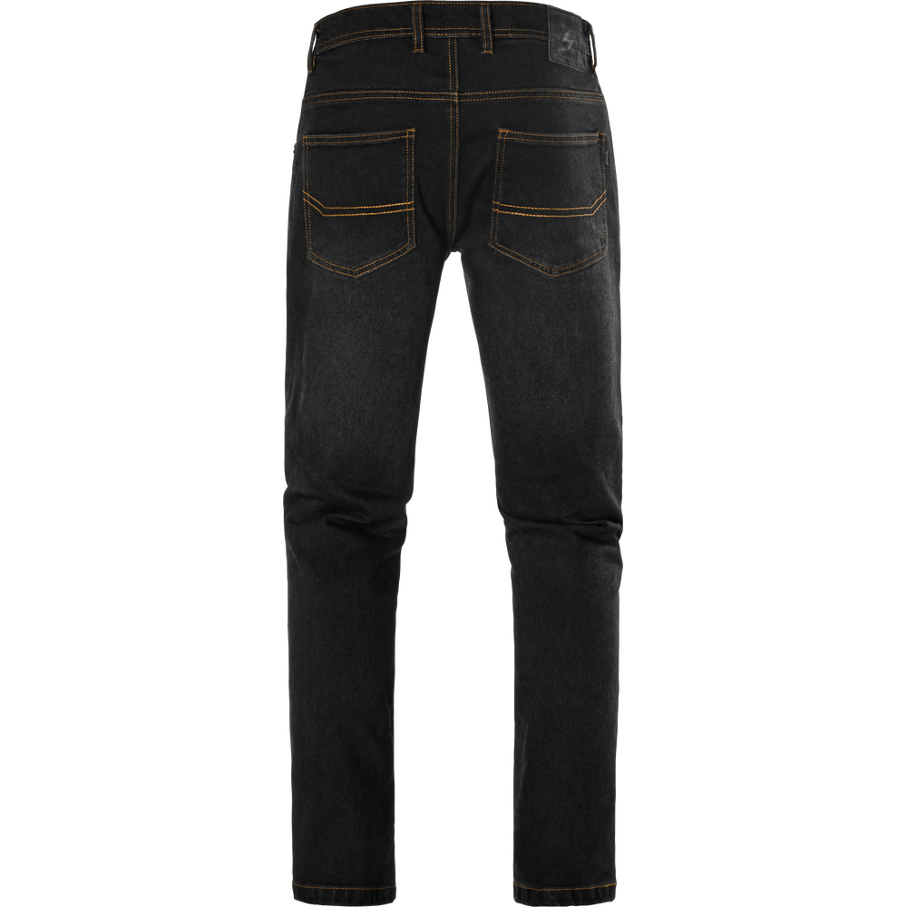 Black denim jeans with contrast tan stitching, shown flat against a plain white background.
