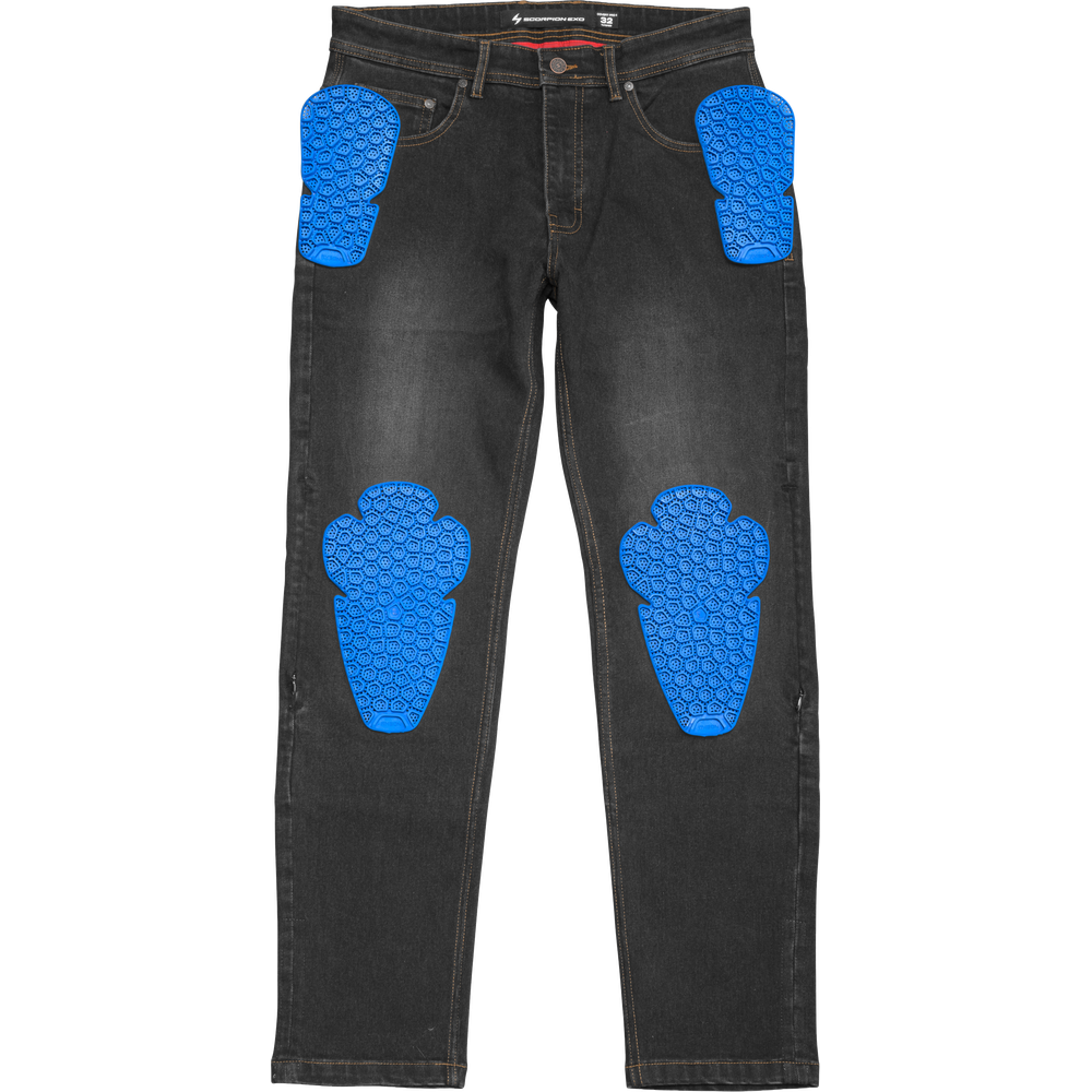 Black denim jeans with bright blue textured protective pads on the front of the thighs and knees, shown flat against a white background.