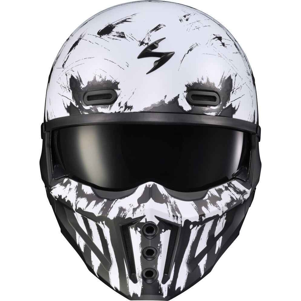 A motorcycle helmet with a white base and a black distressed, cracked graphic pattern. It features a black visor and matching black chin guard.