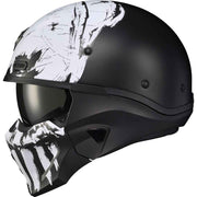 A motorcycle helmet in matte black with a white skull graphic design on the top and lower face shield, shown against a plain white background.