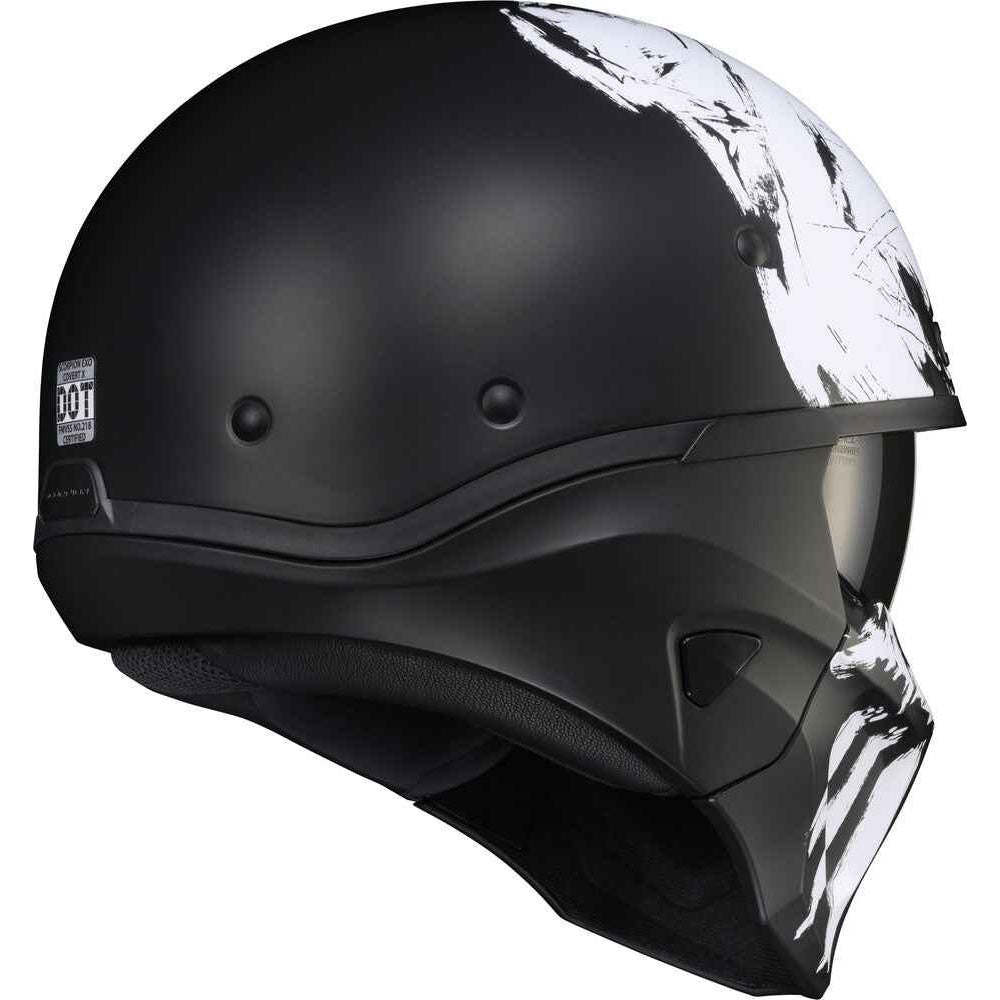 A matte black motorcycle helmet with a glossy white abstract brushstroke graphic pattern on the right side and lower chin area, shown against a plain white background.