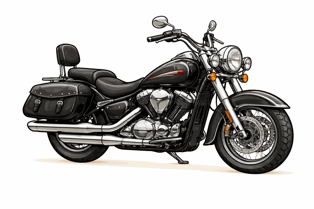 Black motorcycle with chrome details on a white background