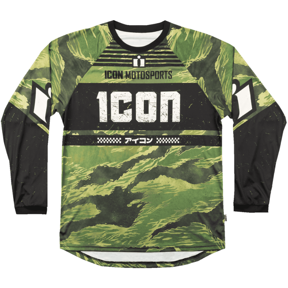 A long-sleeve motocross jersey with a green and black camouflage pattern, featuring a black chest panel with white 'ICON' lettering and 'ICON MOTOSPORTS' branding.