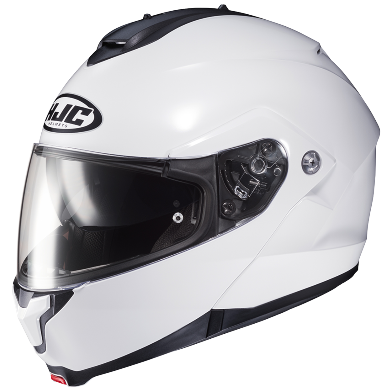 A white full-face motorcycle helmet with a clear visor, featuring the HJC logo on the side and black trim details, shown against a plain white background.