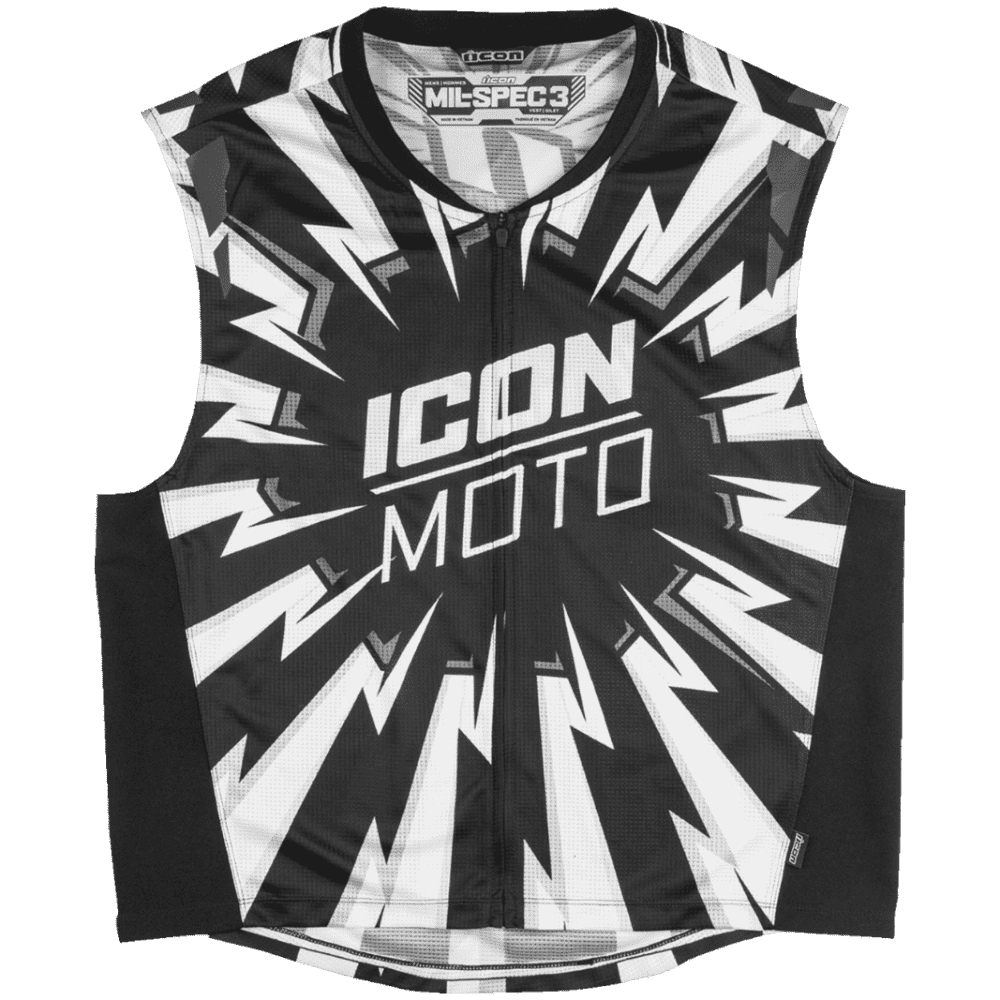 Black and white sleeveless jacket with 'Icon Moto' branding on a transparent background
