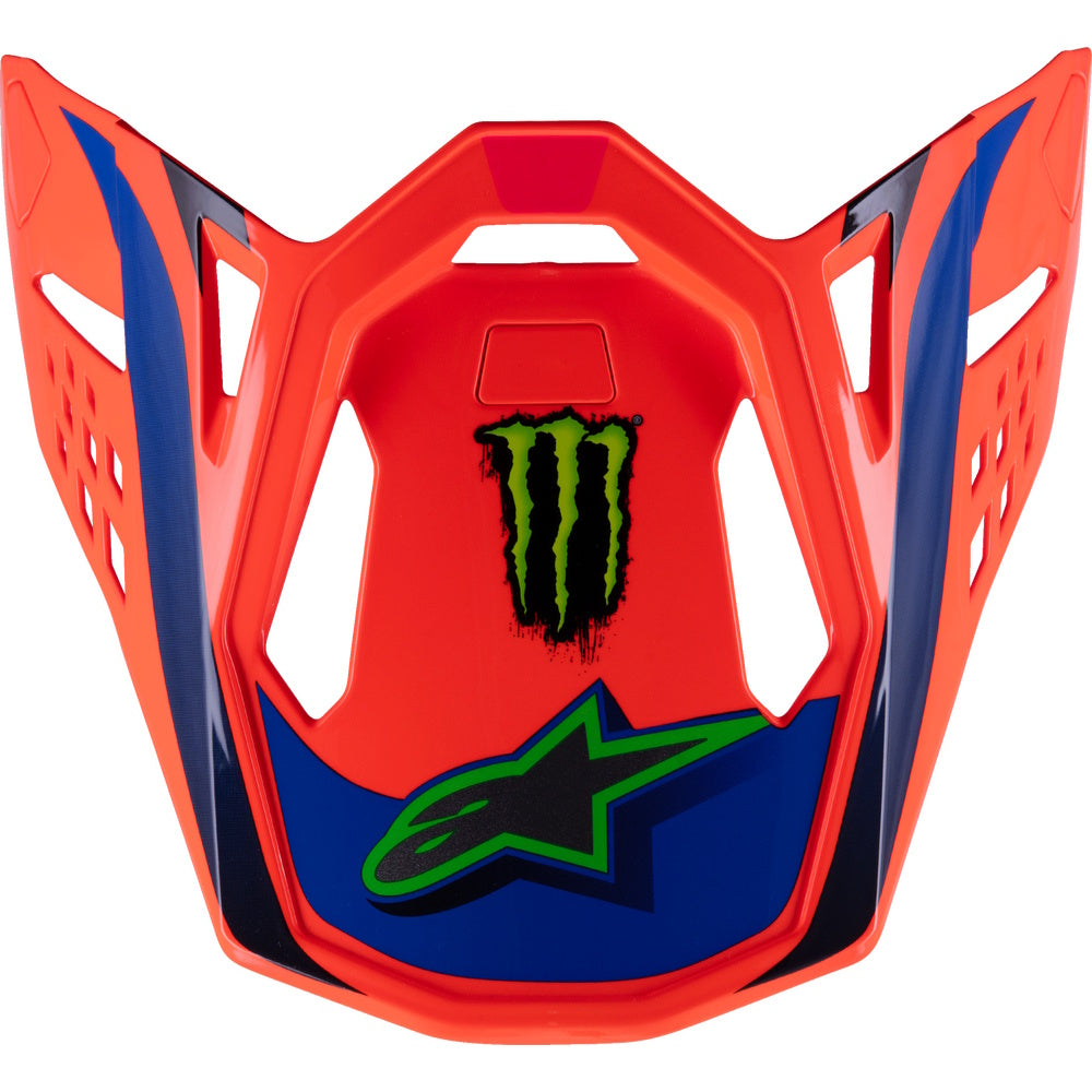 Orange and blue helmet visor with a green logo on a white background