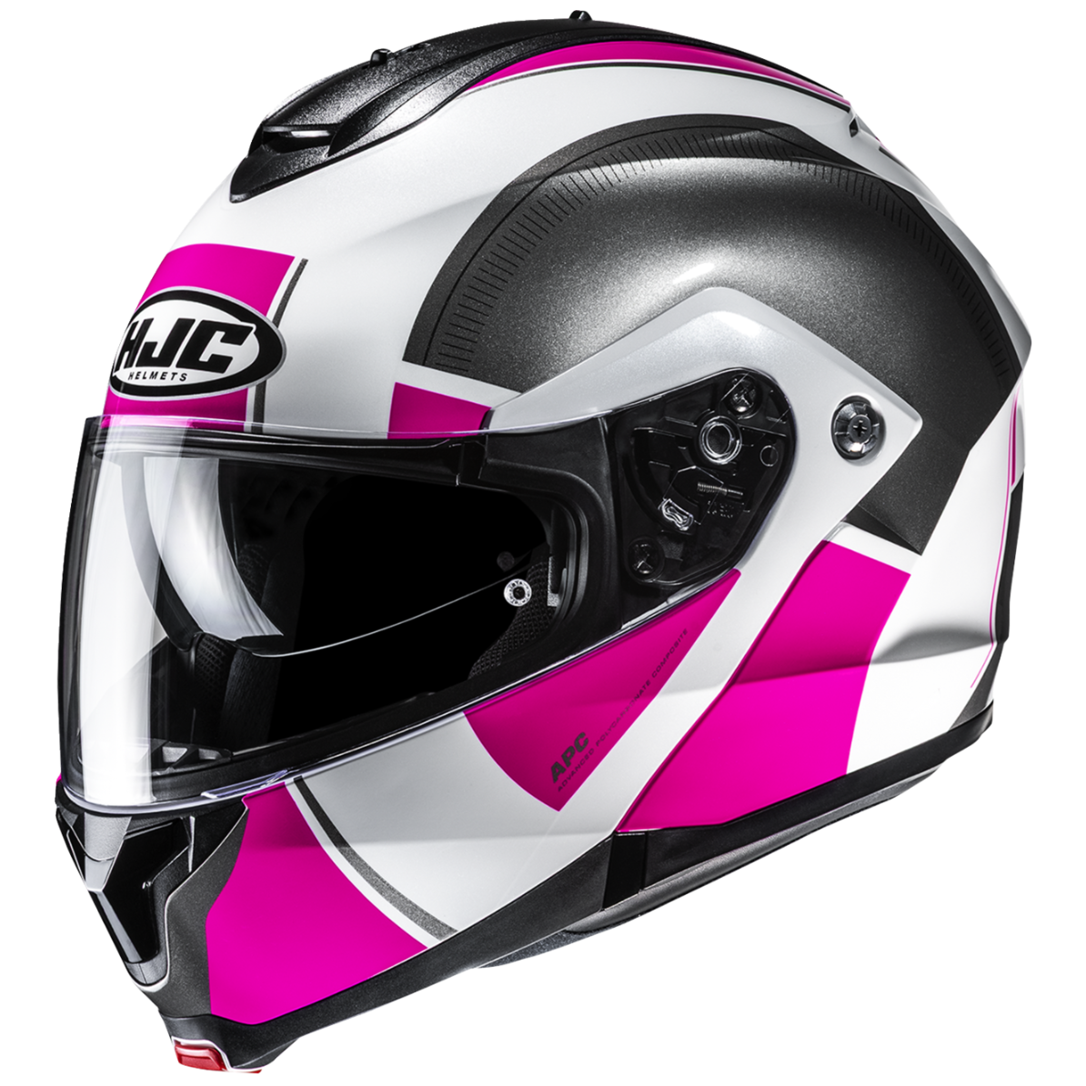 HJC motorcycle helmet with pink and black design on a white background