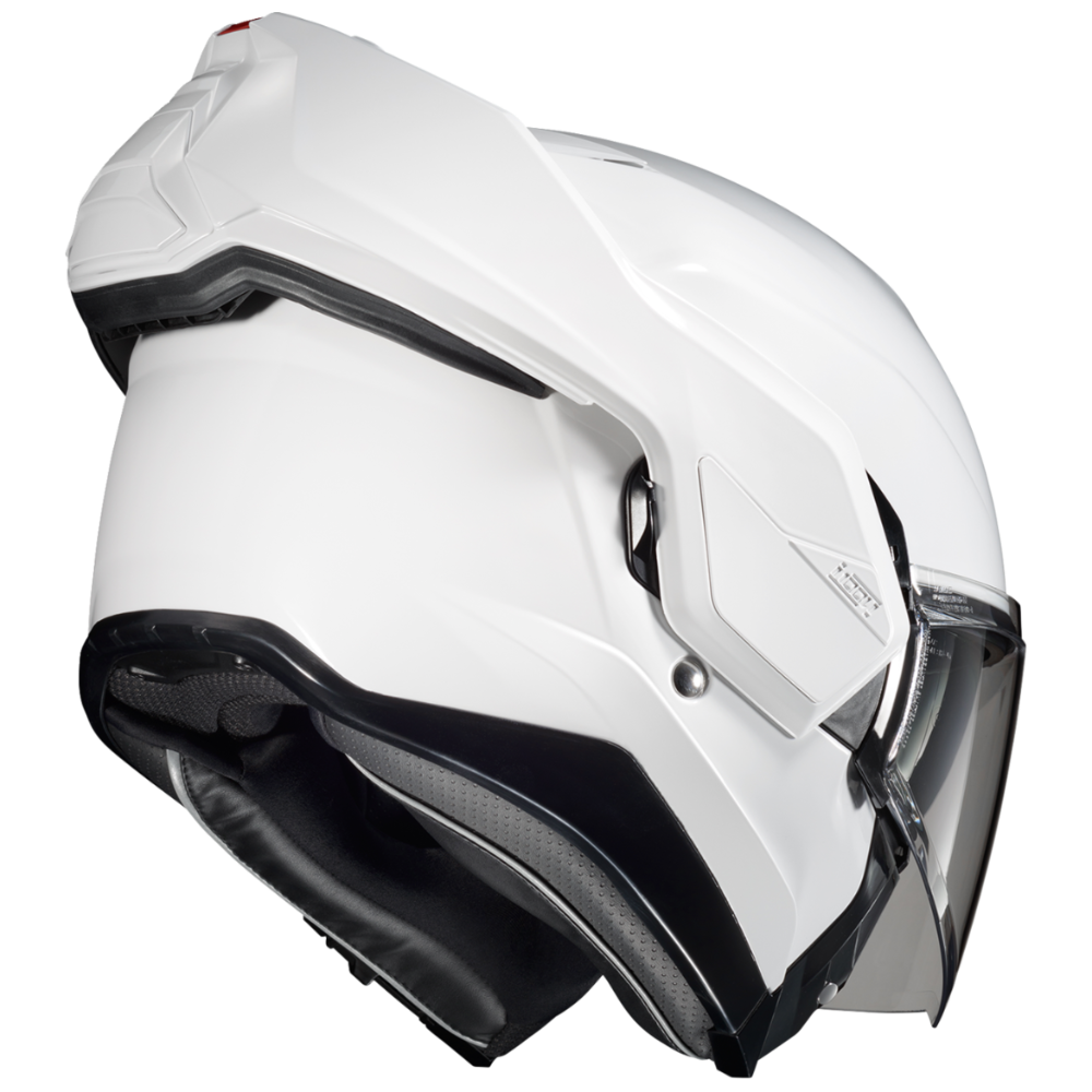 A white open-face motorcycle helmet with a clear visor, shown from a three-quarters angle against a plain white background.
