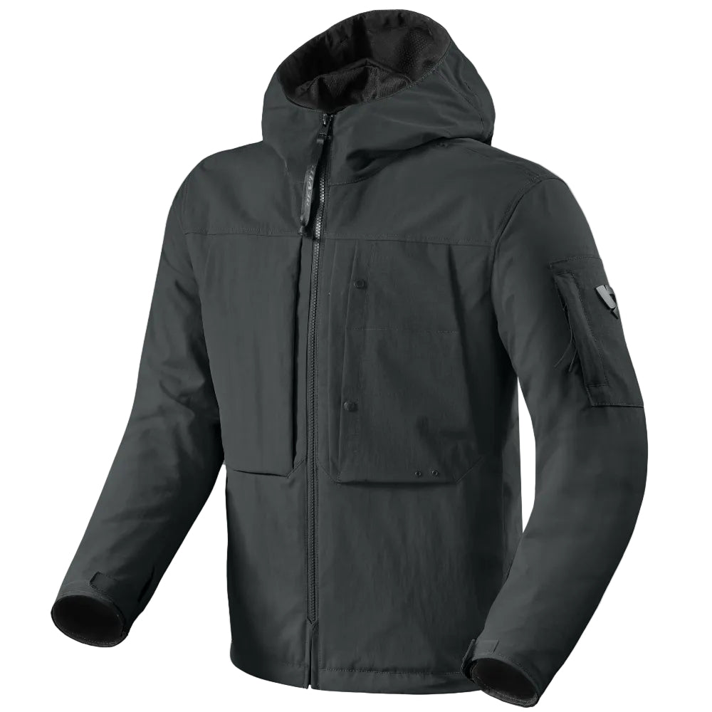 Black jacket with a hood on a light gray background