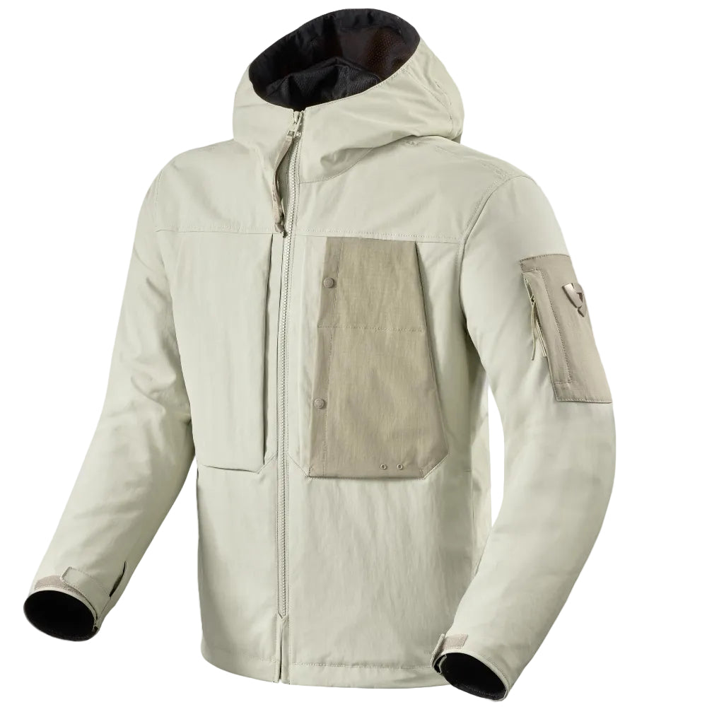 Light gray jacket with patches on a white background