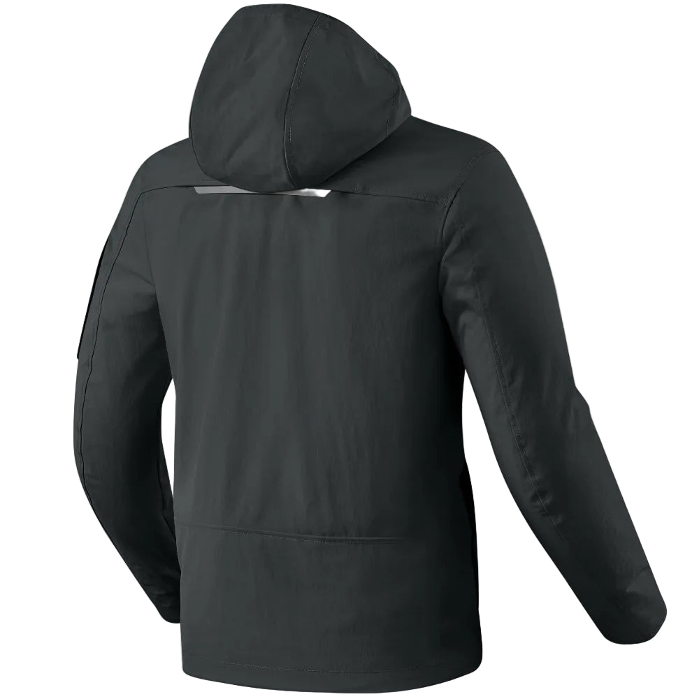 Black jacket with a hood on a light gray background
