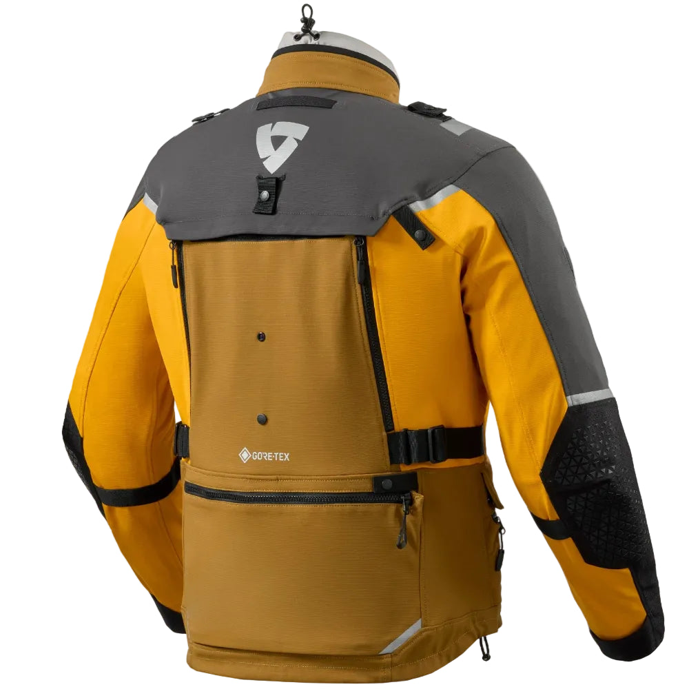 Revit motorcycle jacket shown from the back on a mannequin, featuring a yellow and gray color-blocked design with black protective padding and reflective details.