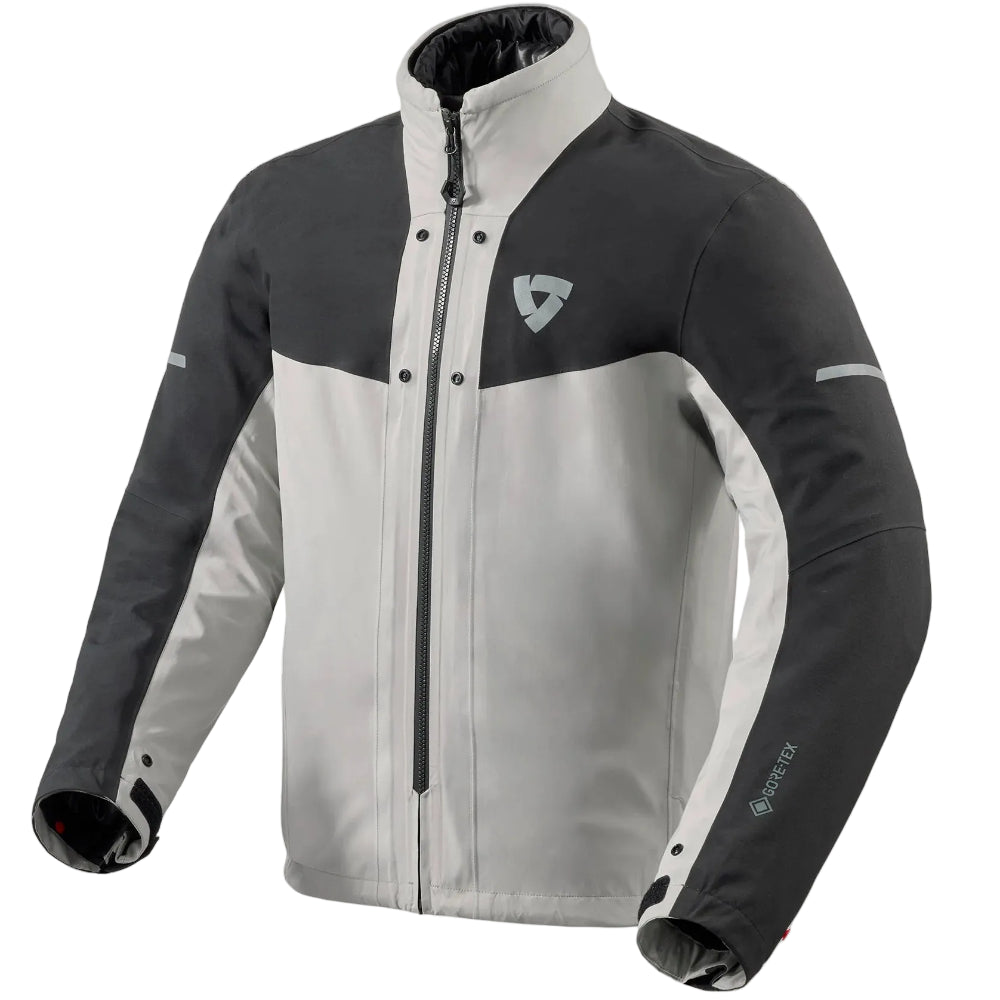 A Gore-Tex motorcycle jacket liner in dark gray and light gray, featuring a full-zip front, high collar, and a Revit logo on the left chest, displayed on a light gray background.