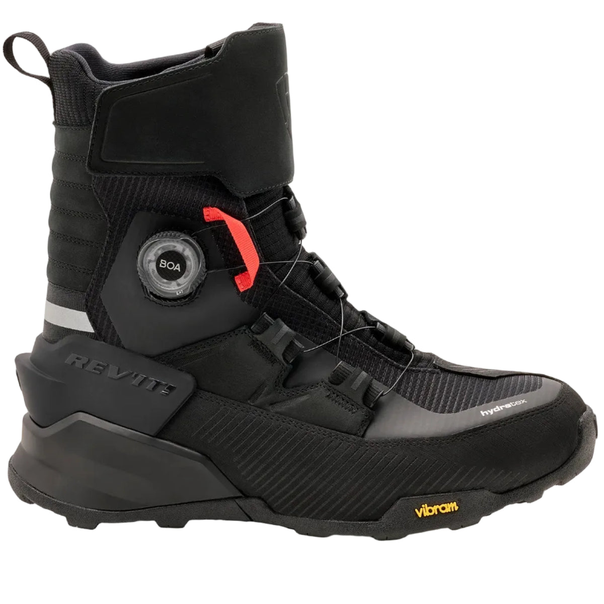 A black Rev'it! motorcycle boot with a BOA dial closure system, featuring a red accent tab and a yellow Vibram sole, shown against a light off-white background.