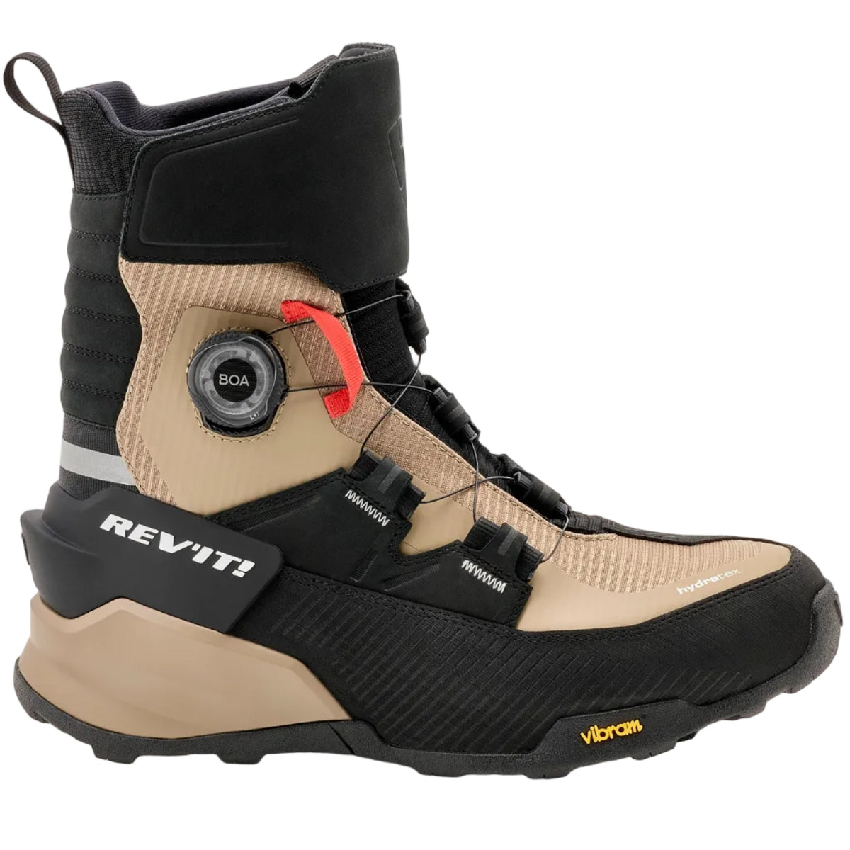 A REVITI Motorcycle boot in black and beige with a red accent and a dial closure system, shown from the side on a light beige background.