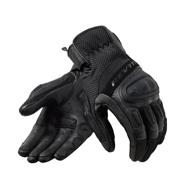 Black tactical gloves with REV'IT logo on a white background