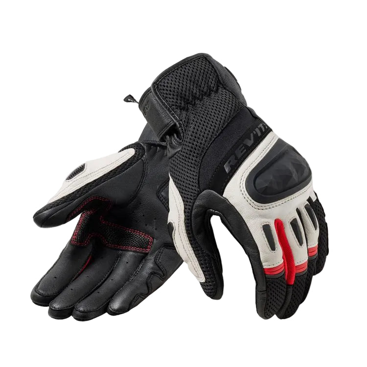 Pair of black and white gloves with red accents on a light gray background