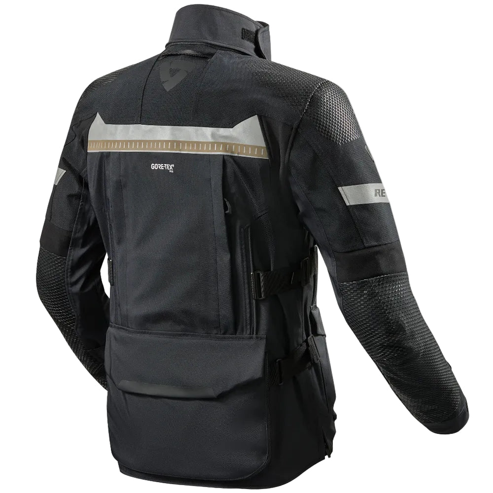 Black motorcycle jacket with reflective stripes on a white background