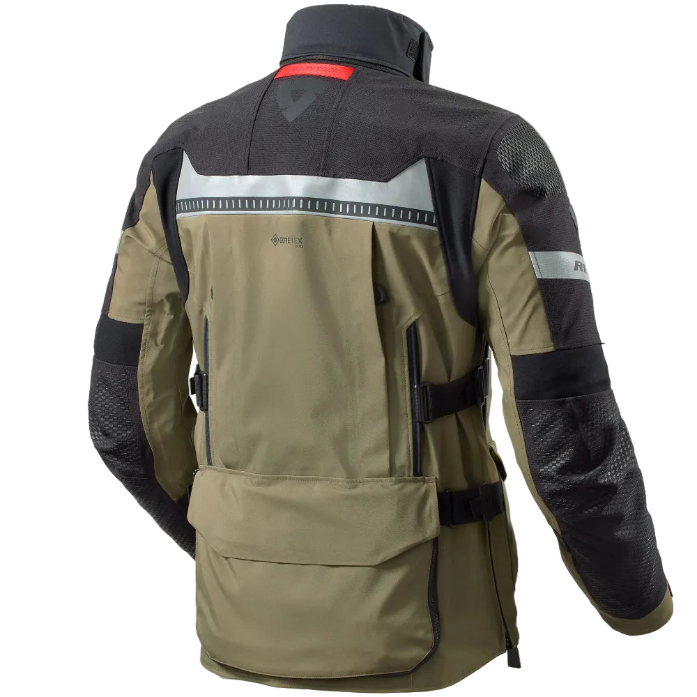 Back view of a green and black motorcycle jacket on a white background