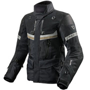 Black motorcycle jacket with reflective stripes on a light gray background