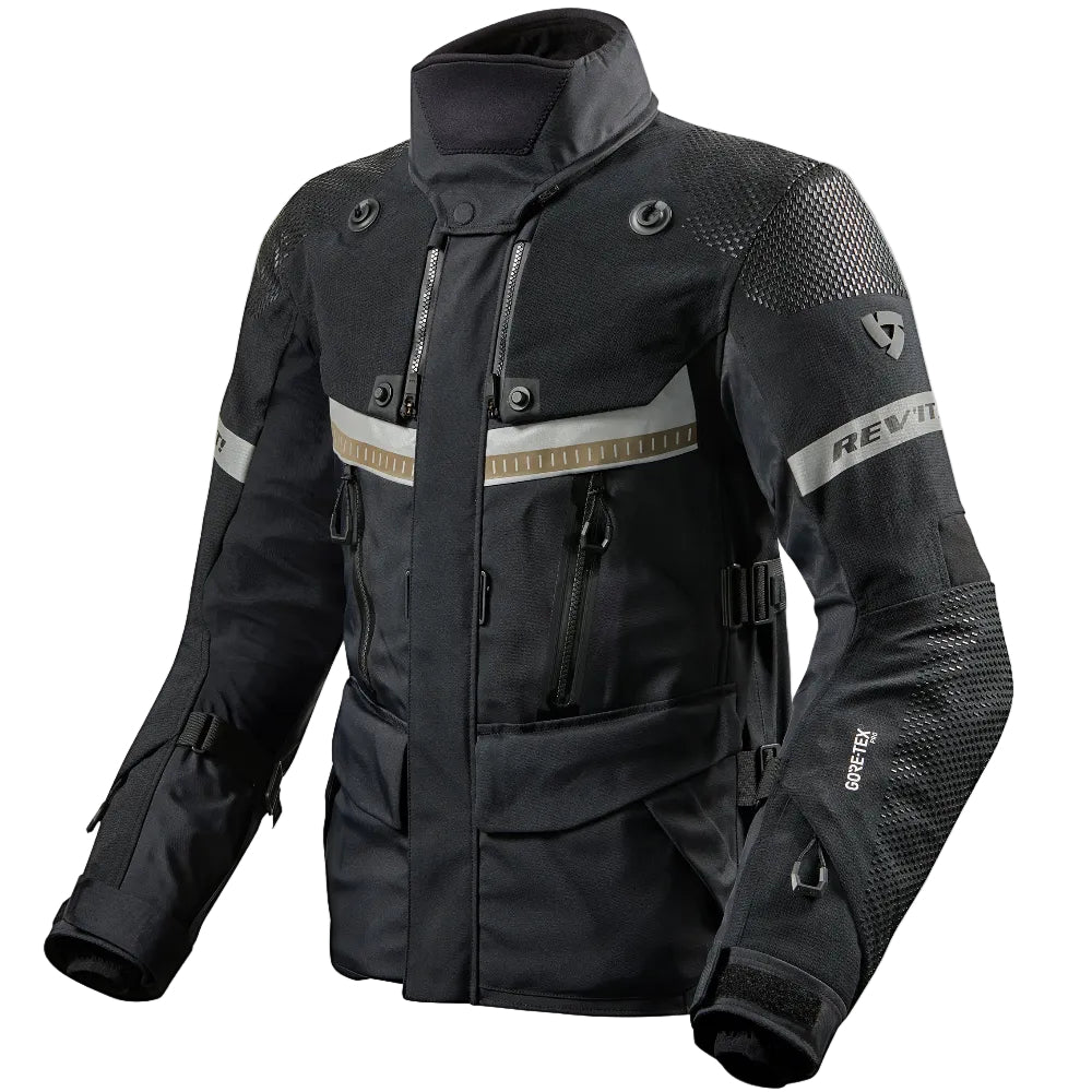 Black motorcycle jacket with reflective stripes on a light gray background