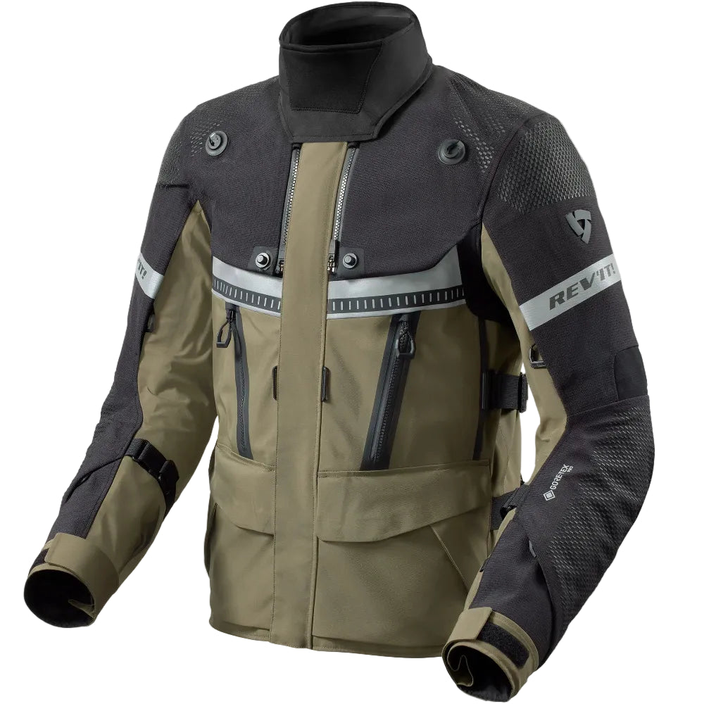 A technical motorcycle jacket in olive green and black, featuring reflective silver stripes, multiple zippered pockets, and a high collar, shown on a plain white background.