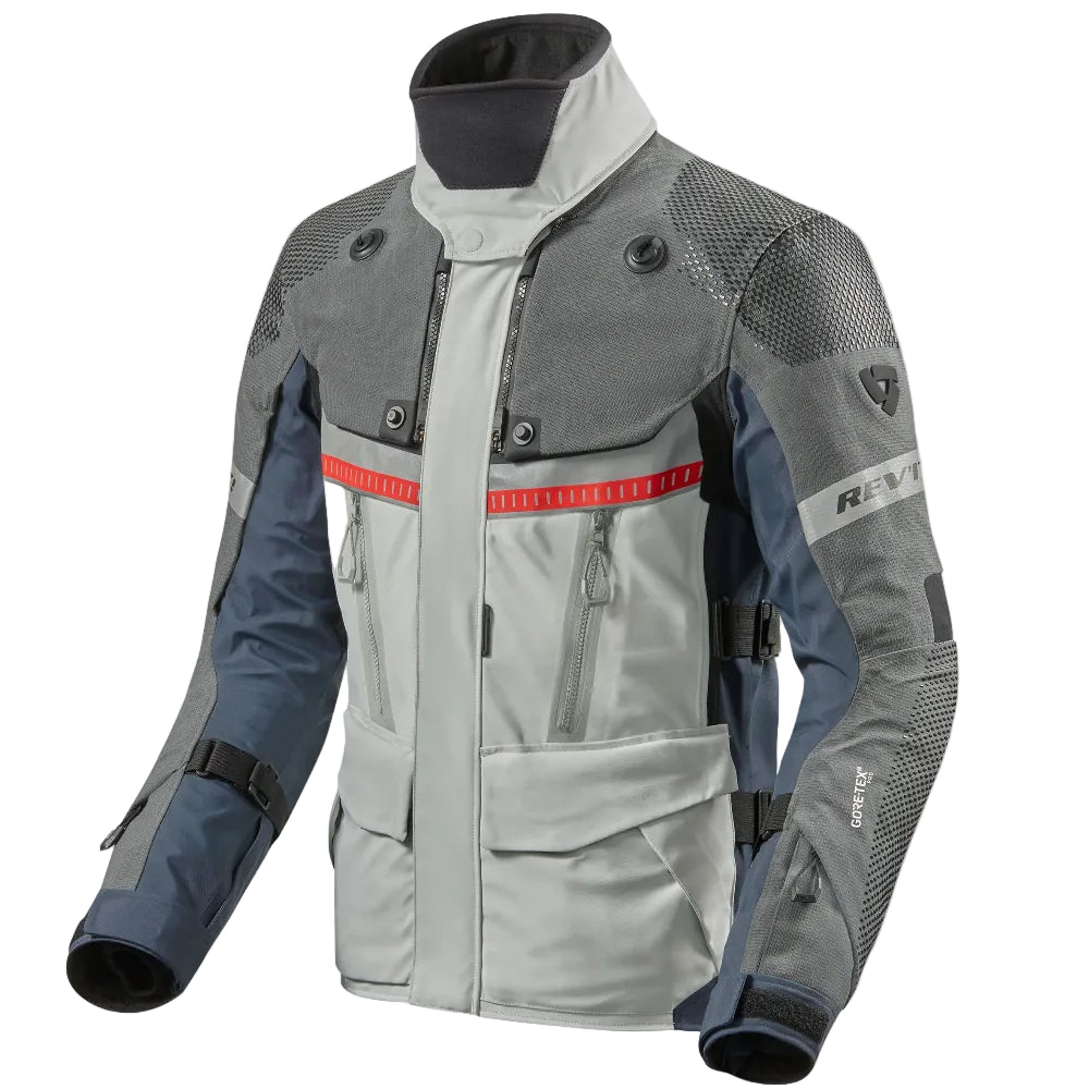 Gray and blue motorcycle jacket with red accents on a white background