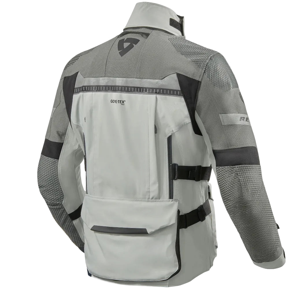 Gray motorcycle jacket with black accents on a white background
