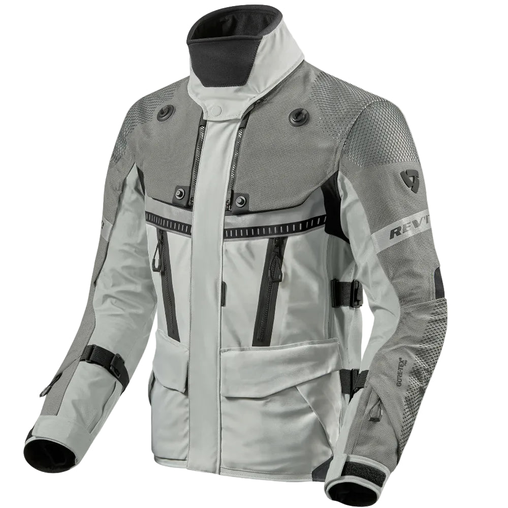 Gray motorcycle jacket with black accents on a white background