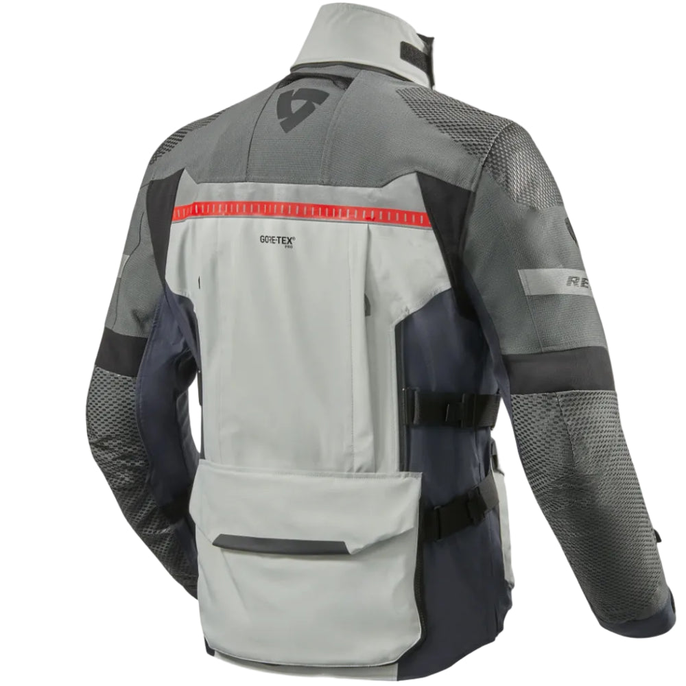 Gray motorcycle jacket with red reflective strip on a white background